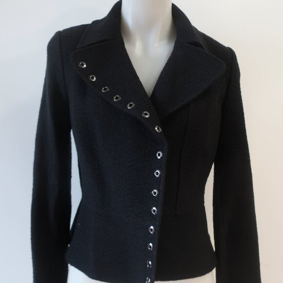 St. John Black Label Black Wool Blend Flounce Hem Grommet Boucle Blazer Jacket 4 - Picture 3 of 14